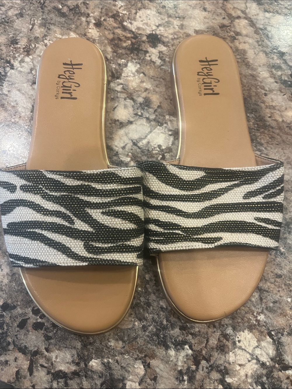 Corkys Hey Girl Zebra-Pattern Slide Sandals in Black & White